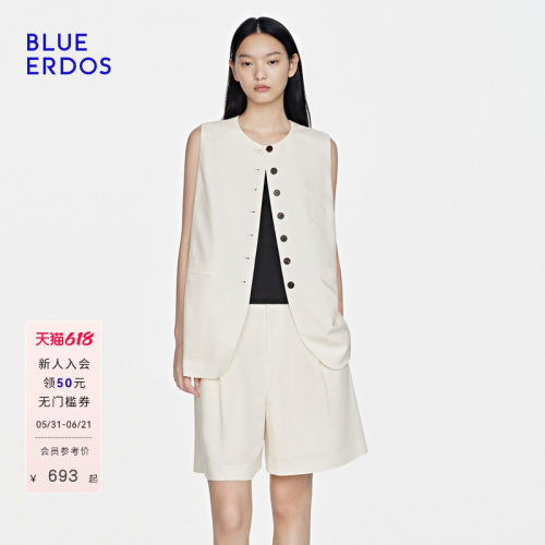 BLUE ERDOS26早春新品简约百搭亚麻混纺A字剪裁套装无袖马甲/短裤