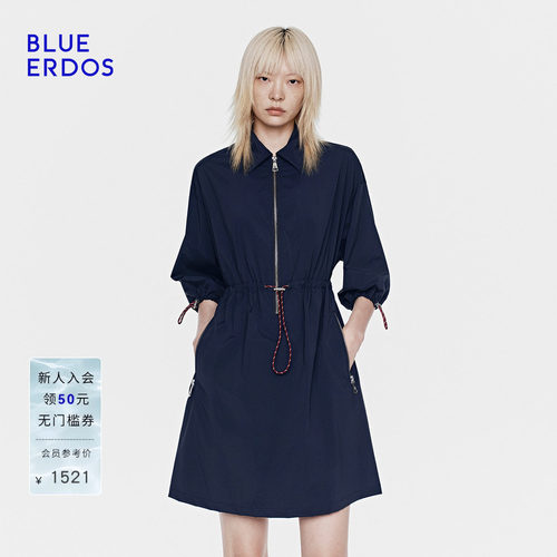 BLUE ERDOS26夏季新品休闲海军蓝Polo领抽绳收腰工装A字连衣裙女