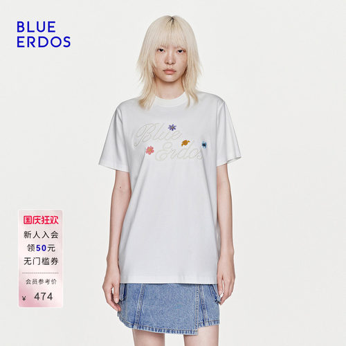 【100%棉】BLUE ERDOS26夏季新品温柔风花朵刺绣LOGO圆领T恤女
