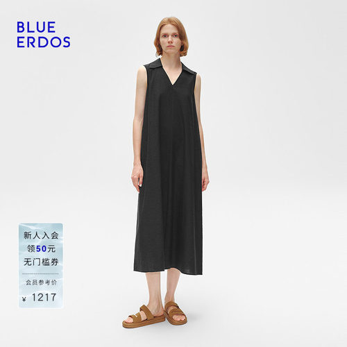 BLUE ERDOS夏季复古休闲镂空绣花A字V领连衣裙B255I4018