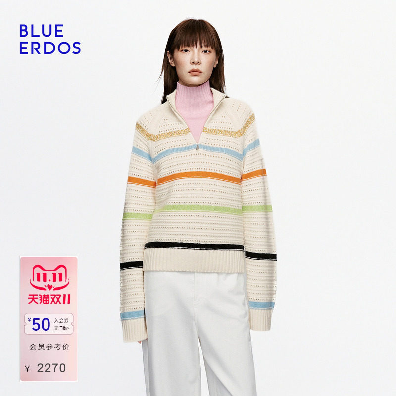BLUE ERDOS2026秋冬新品镂空针织衫复古松弛山羊绒混纺翻领上衣女