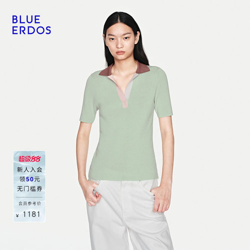 BLUE ERDOS26夏季新品都市通勤桑蚕丝混纺优雅撞色POLO领针织衫女