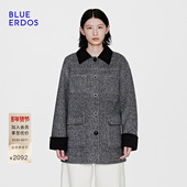 ERDOS 冬季 新品 BLUE 复古翻领撞色中长款 毛呢大衣外套女