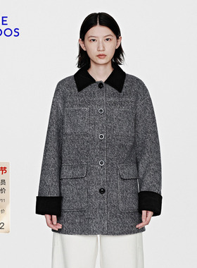 BLUE ERDOS 冬季新品复古翻领撞色中长款毛呢大衣外套女