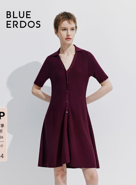 BLUE ERDOS气质精纺翻领翻花收腰半袖连衣裙B245D6014