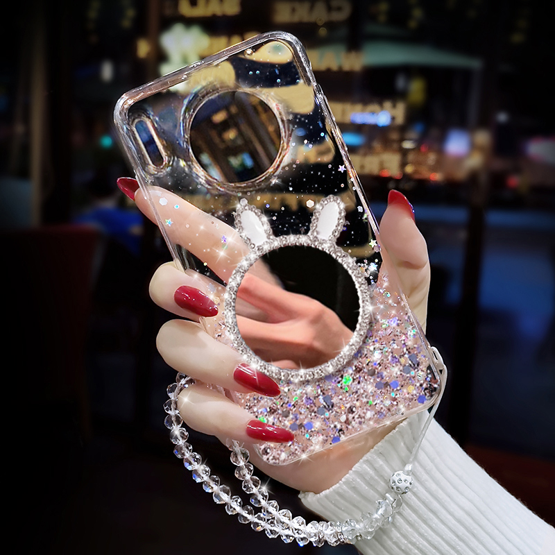 高级感星空闪粉兔镜子适用华为mate60全包手机壳mate50奢华创意透明mate40pro+女神网红新款30pro保护套20X潮