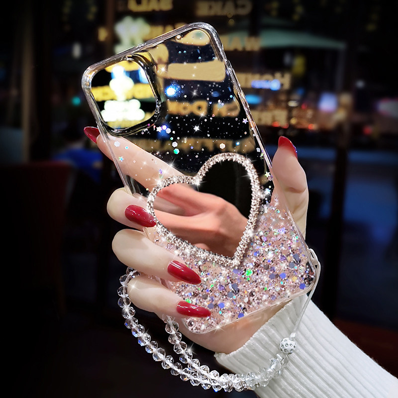 奢华闪粉爱心镜子适用苹果14Promax手机壳iPhone13Pro超薄12mini透明11软硅胶8plus防摔7p女神15新款6s保护套