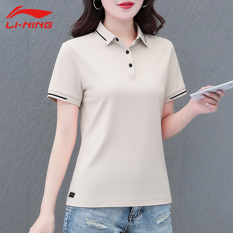 李宁女polo衫短袖夏季新款翻领正肩显瘦纯色妈妈装运动t恤上衣