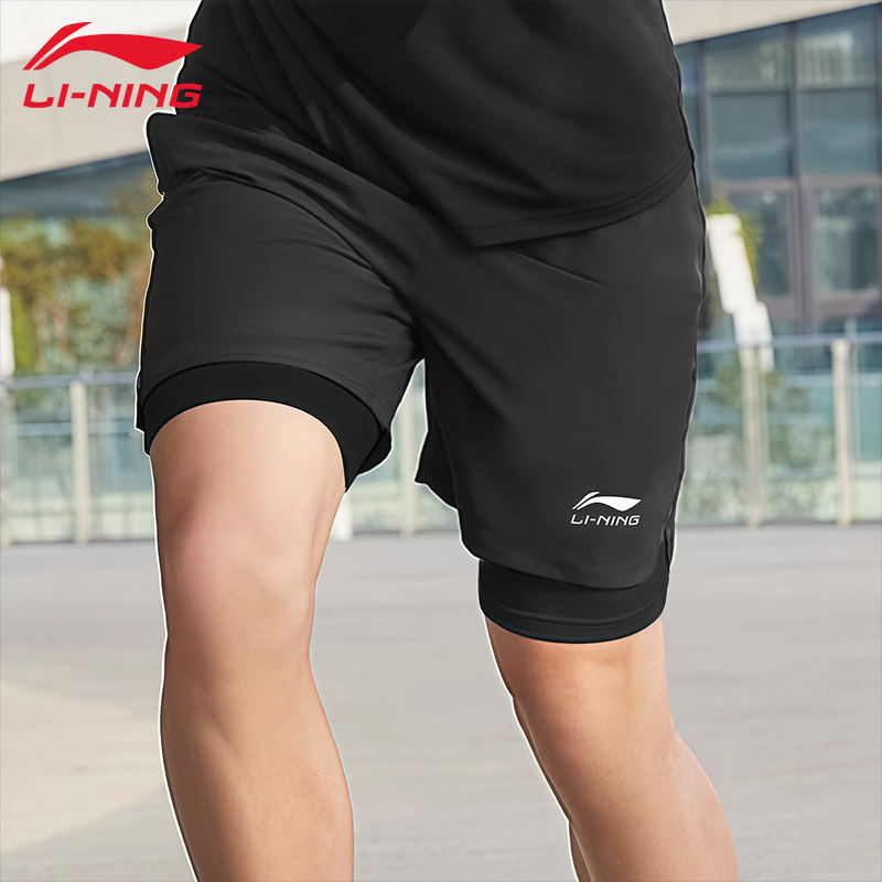 李宁短裤男夏季速干跑步健身马拉松训练假两件2合1骑行体考短裤