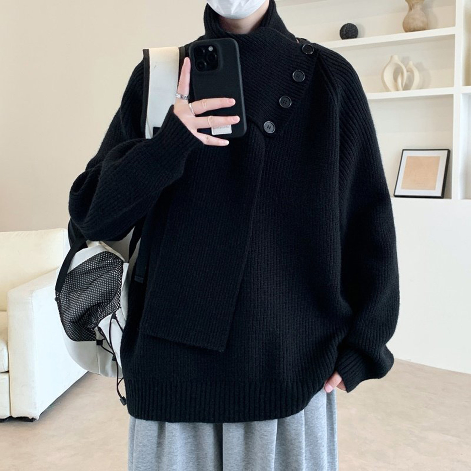设计感纽扣围脖毛衣男厚款针织衫