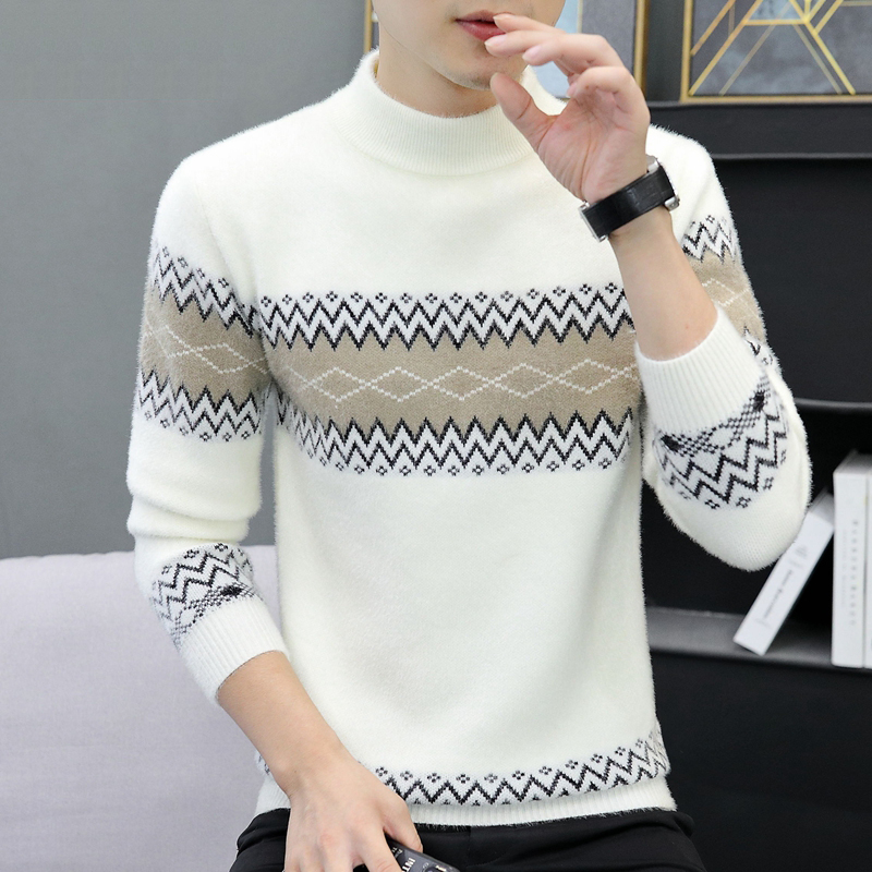 冬季男士羊毛衫半高领水貂绒毛衣