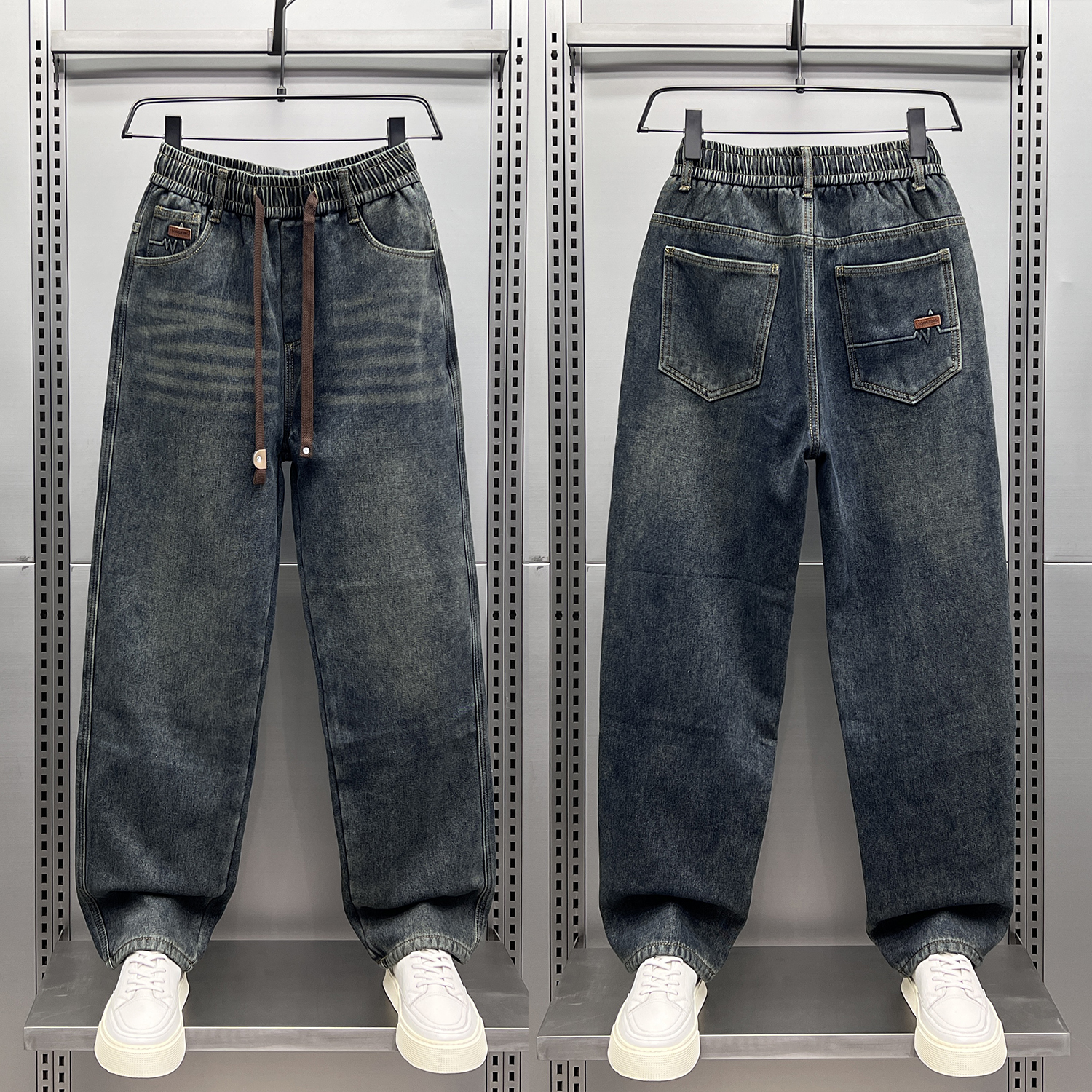 美式复古加绒水洗牛仔裤男宽松抽绳潮流直筒裤子冬季青年休闲男裤