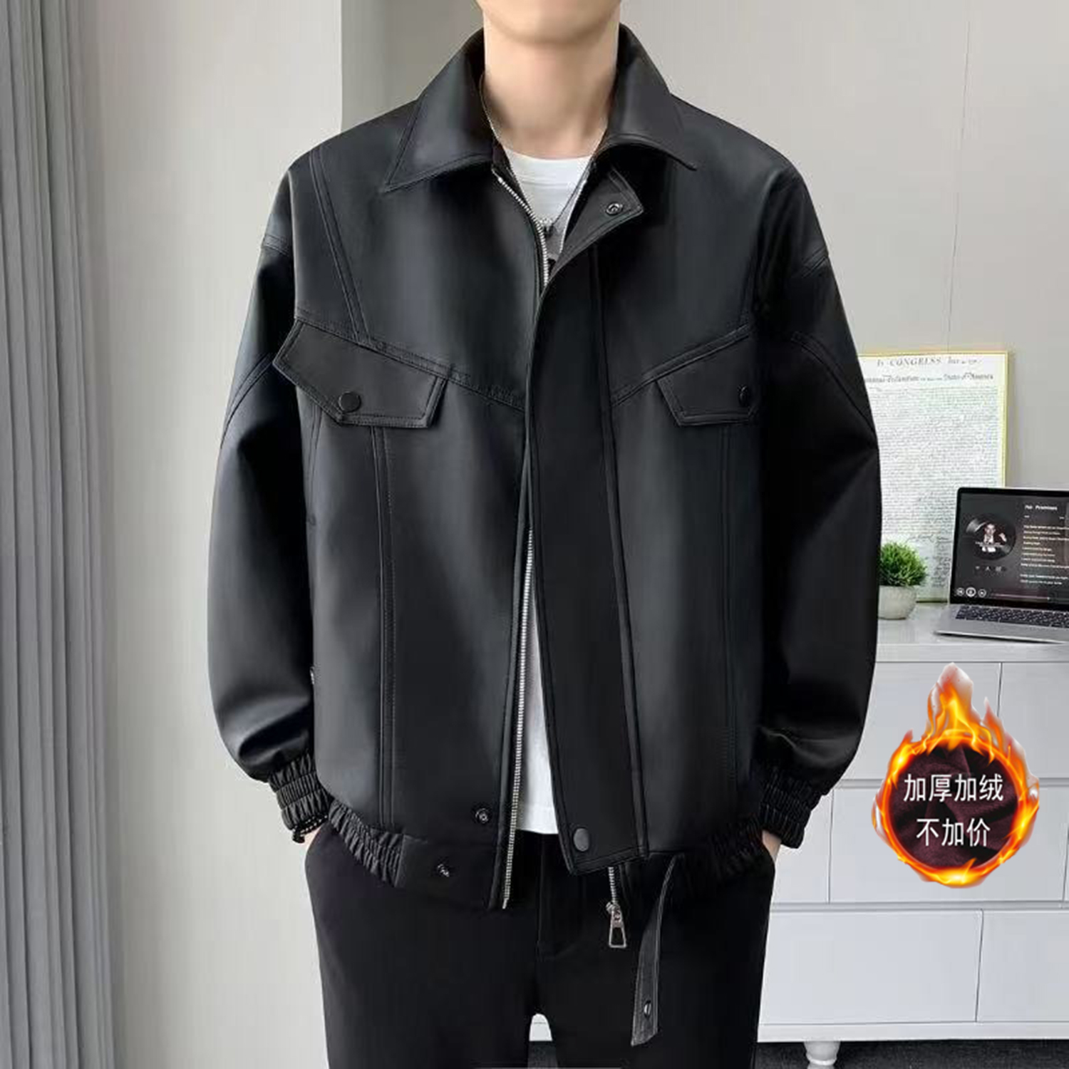 加绒皮衣男复古机车风翻领皮夹克