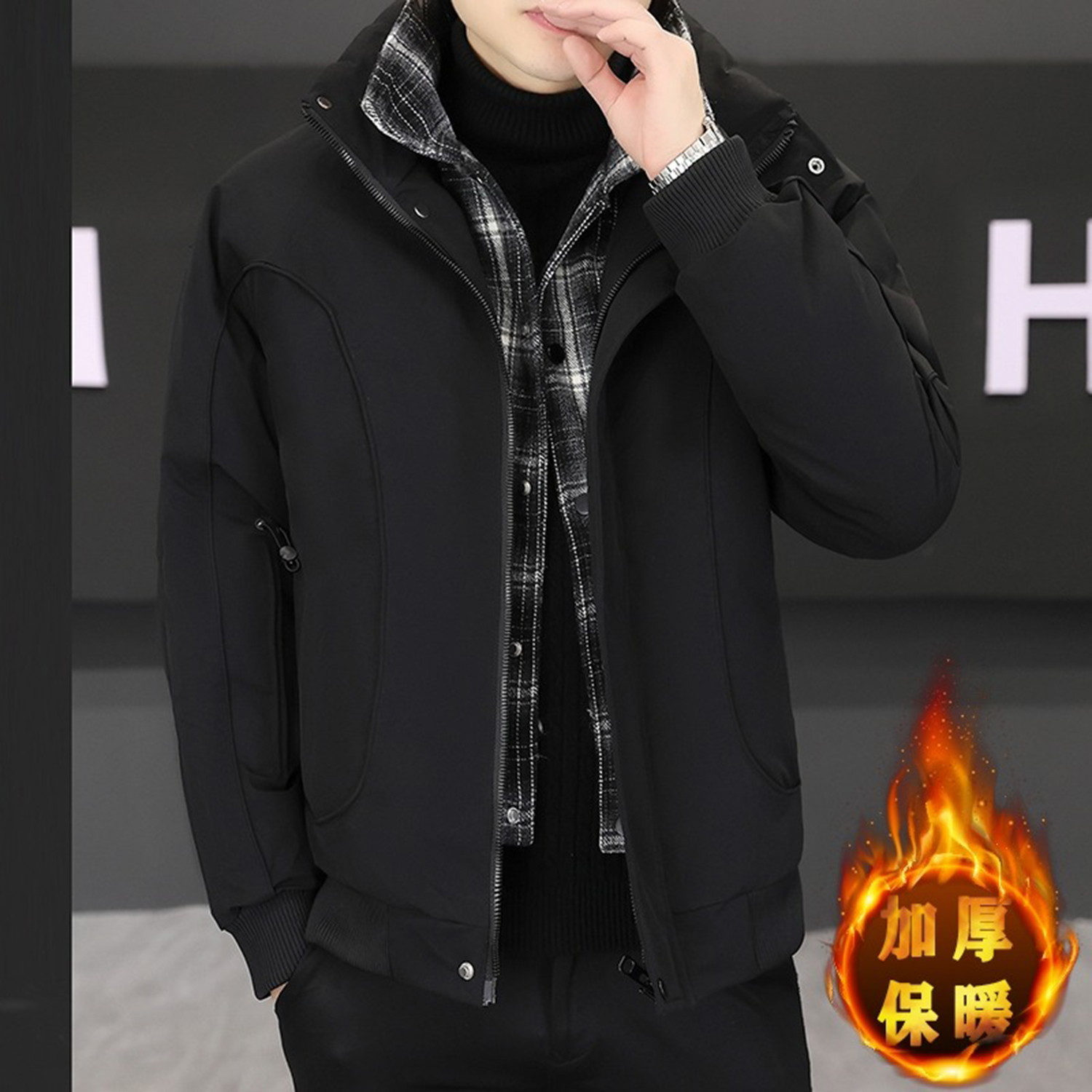 潮牌男士立领棉衣冬季假两件棉服