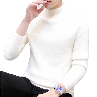 水貂绒半高领毛衣男士修身打底衫加绒厚纯色绒毛衫秋冬季潮流线衣