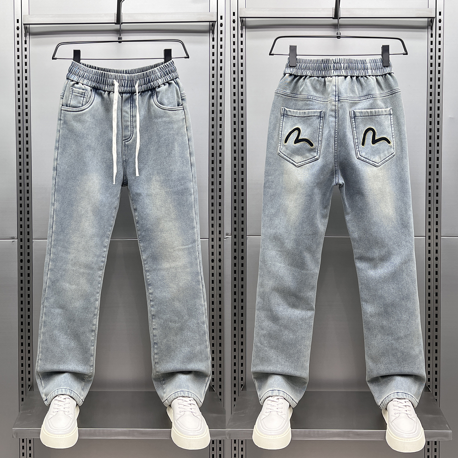 加绒加厚微喇牛仔裤男复古休闲裤