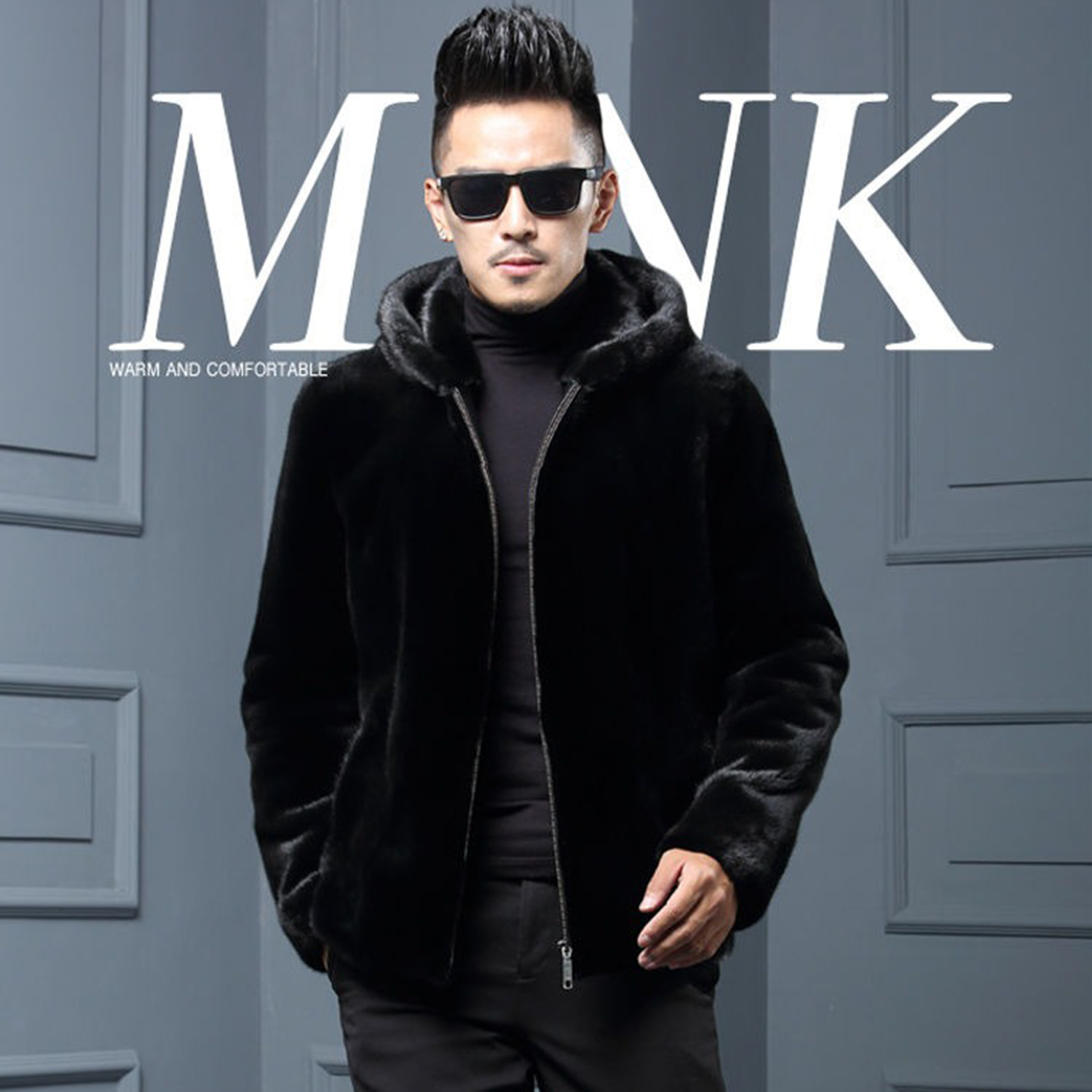 潮牌冬季貂毛连帽外套男皮草夹克