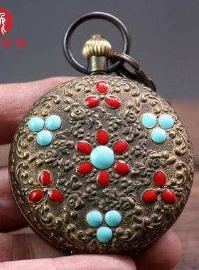 复古纯铜复古怀旧男女带链子双开翻盖怀表机械表工艺品