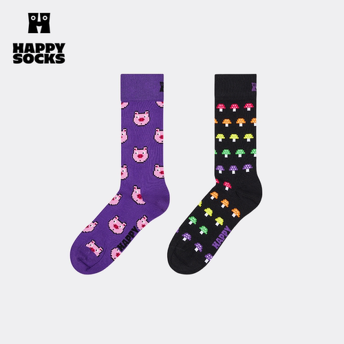 【春秋款】Happy Socks潮牌可爱像素多彩袜子紫色多巴胺中筒袜