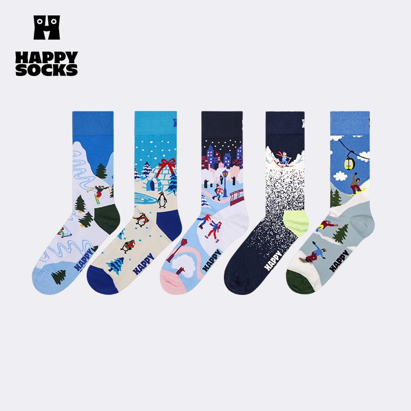 【2025新品】Happy Socks潮牌个性创意雪地图案袜子多巴胺中筒袜
