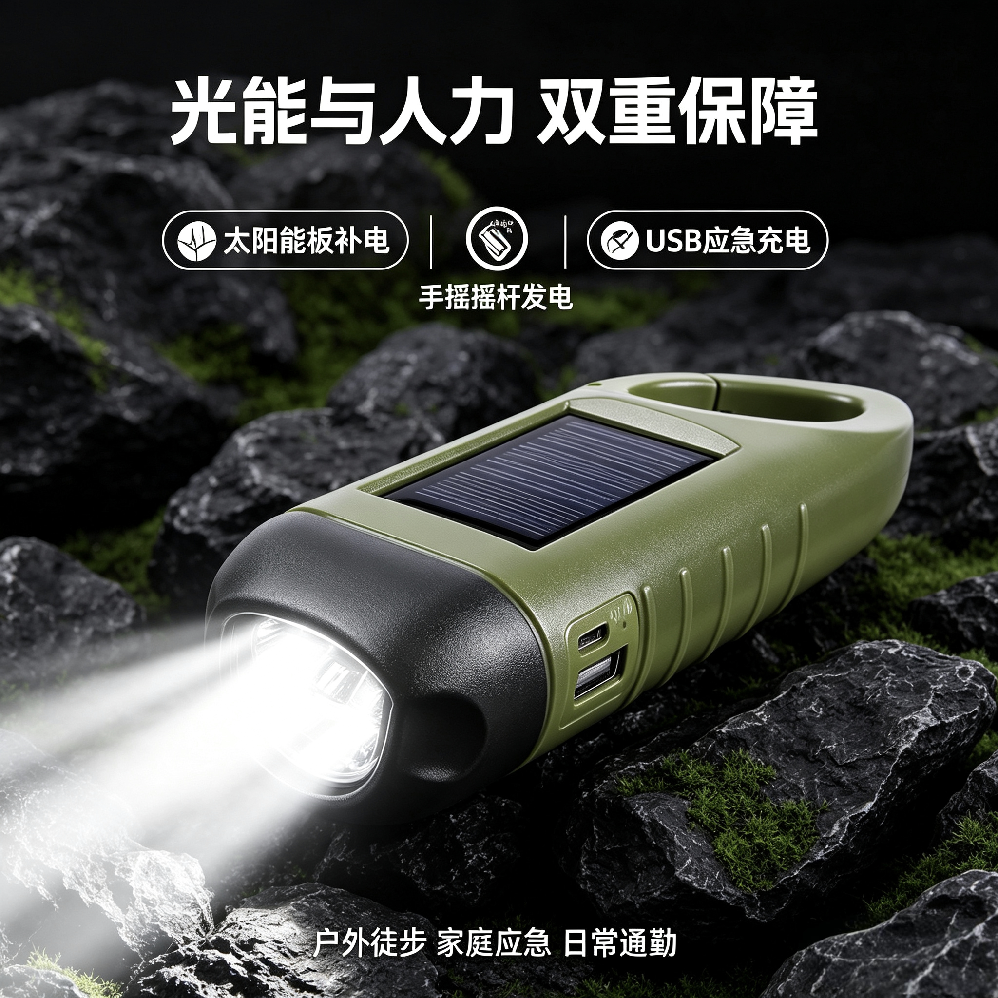 太阳能新款手摇充电户外便携超亮迷你灯家用多功能手灯小型徒步