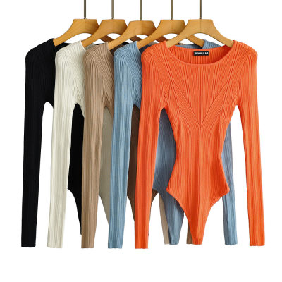 Women's round neck geometric knitted long sleeved jumpsuit