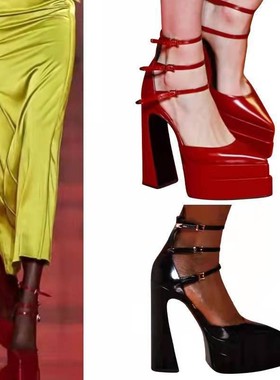Buckle thick heel pointed toe super women's high heels高跟鞋