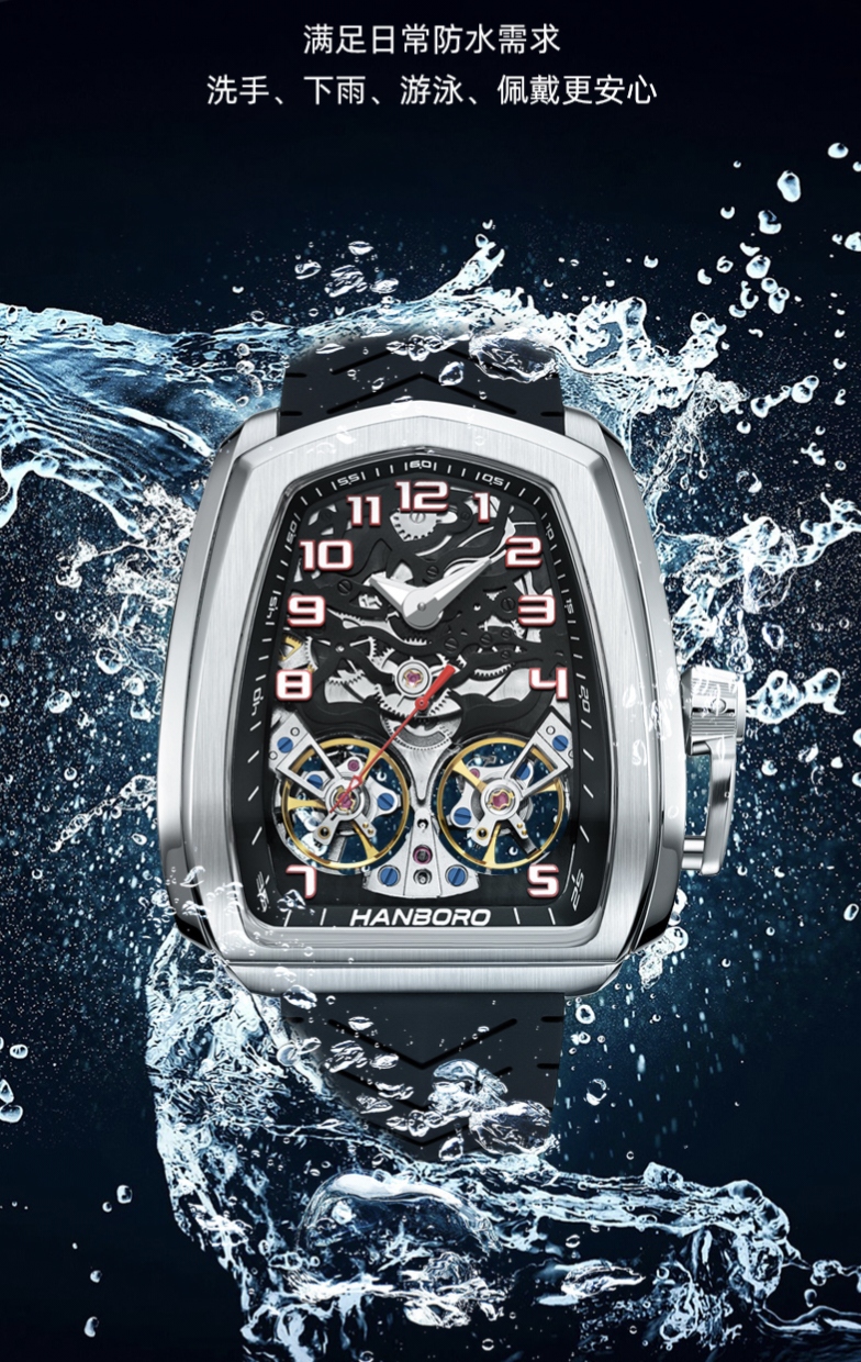 衡宝罗ssr超跑系列双陀飞轮镂空全自动方形机械表防水夜光男表