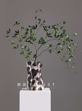 妖及 现代简约黑色花纹陶瓷异形花器 样板间售楼处酒店民宿摆件