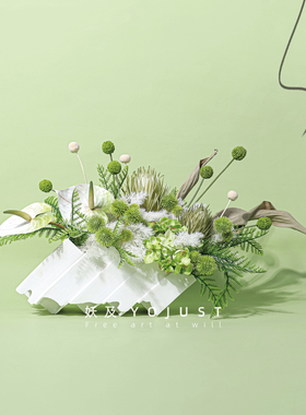 妖及白色方管陶瓷花器花艺组合样板间售楼处酒店绿色自然花束摆件