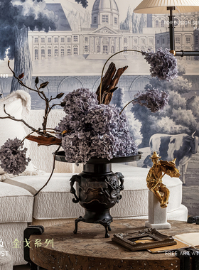 妖及 东方做旧铜制花器紫色花【庵下桃坞】别墅玄关茶室软装饰品