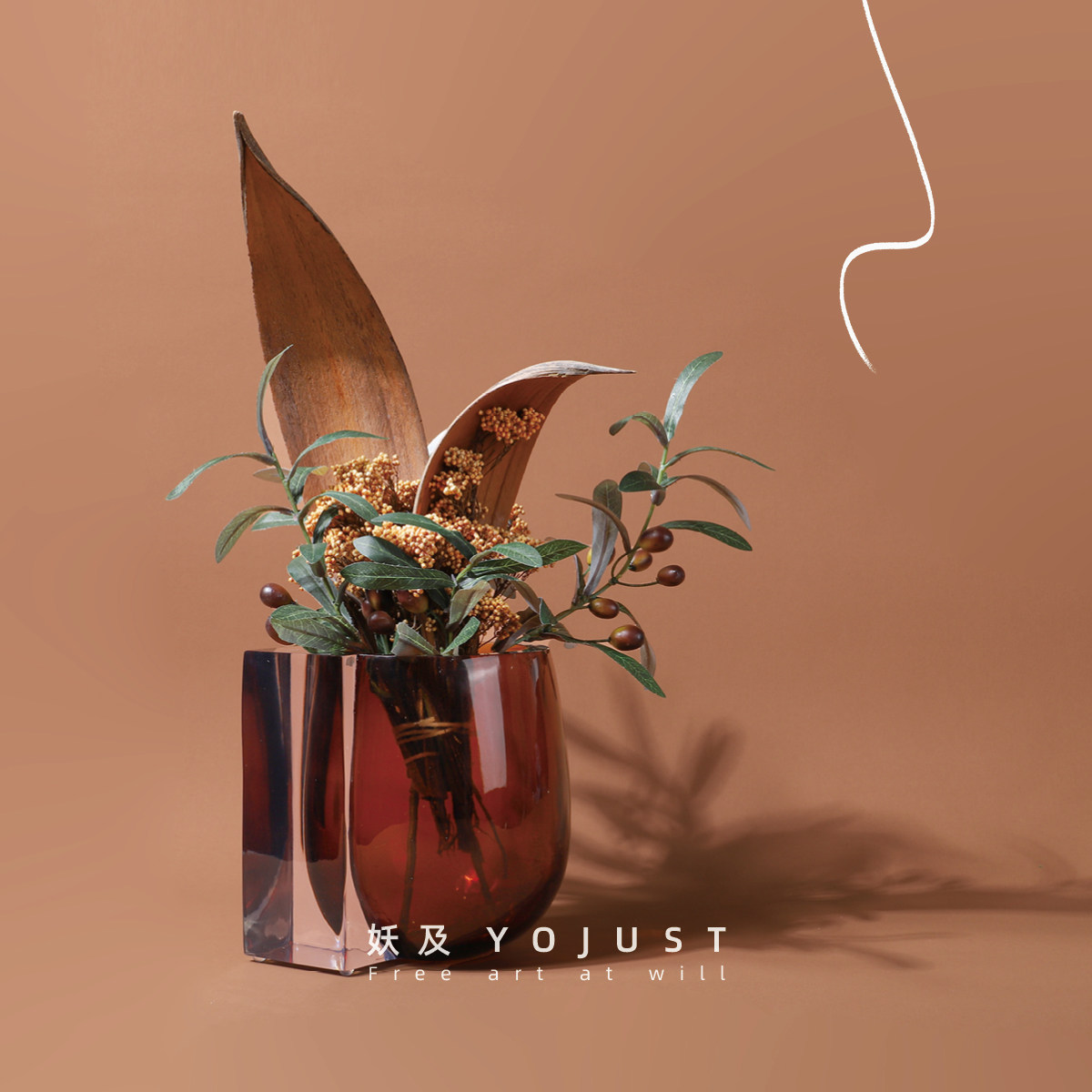 妖及样板间花艺花器摆件售楼部橄榄果可可叶红色雨林创意花束组合