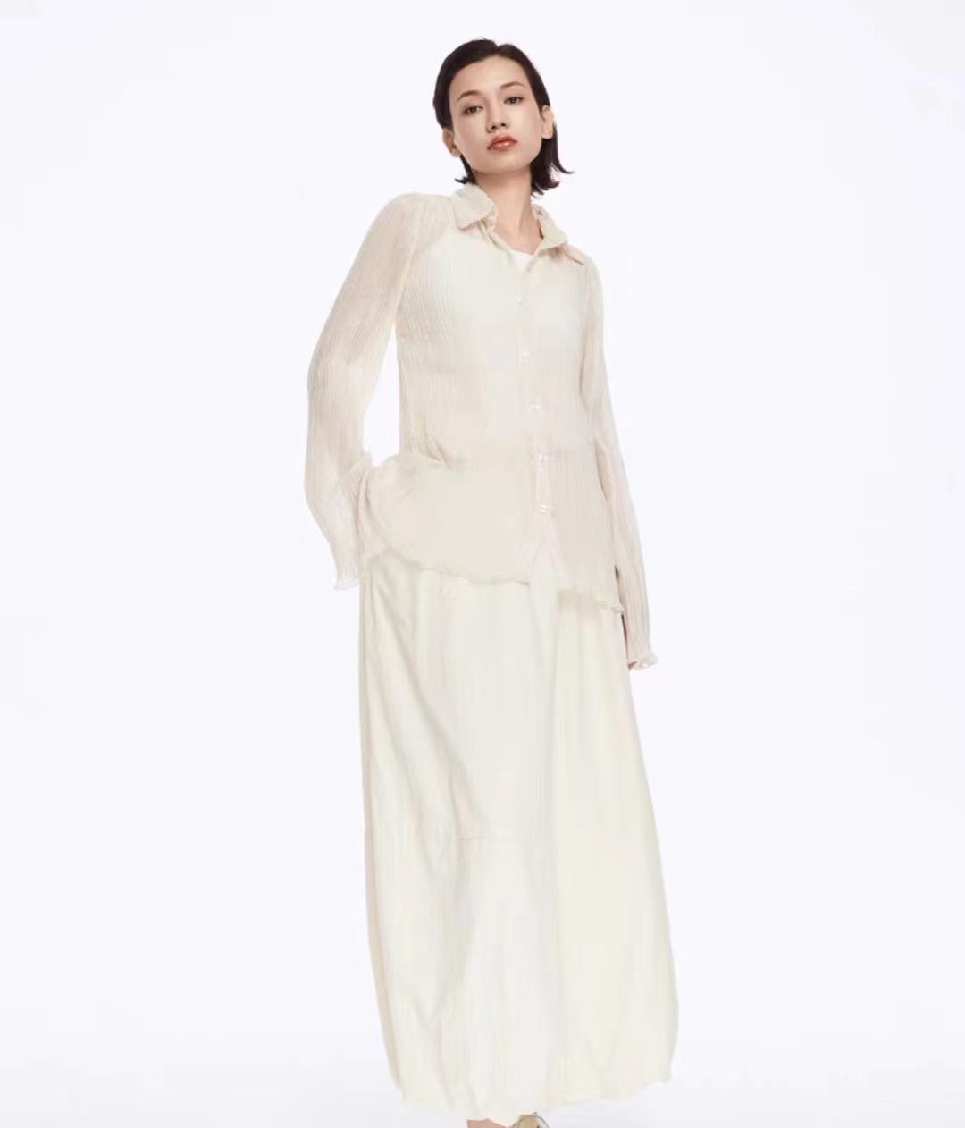 mo女装夏季条纹褶裥雪纺衬衫女