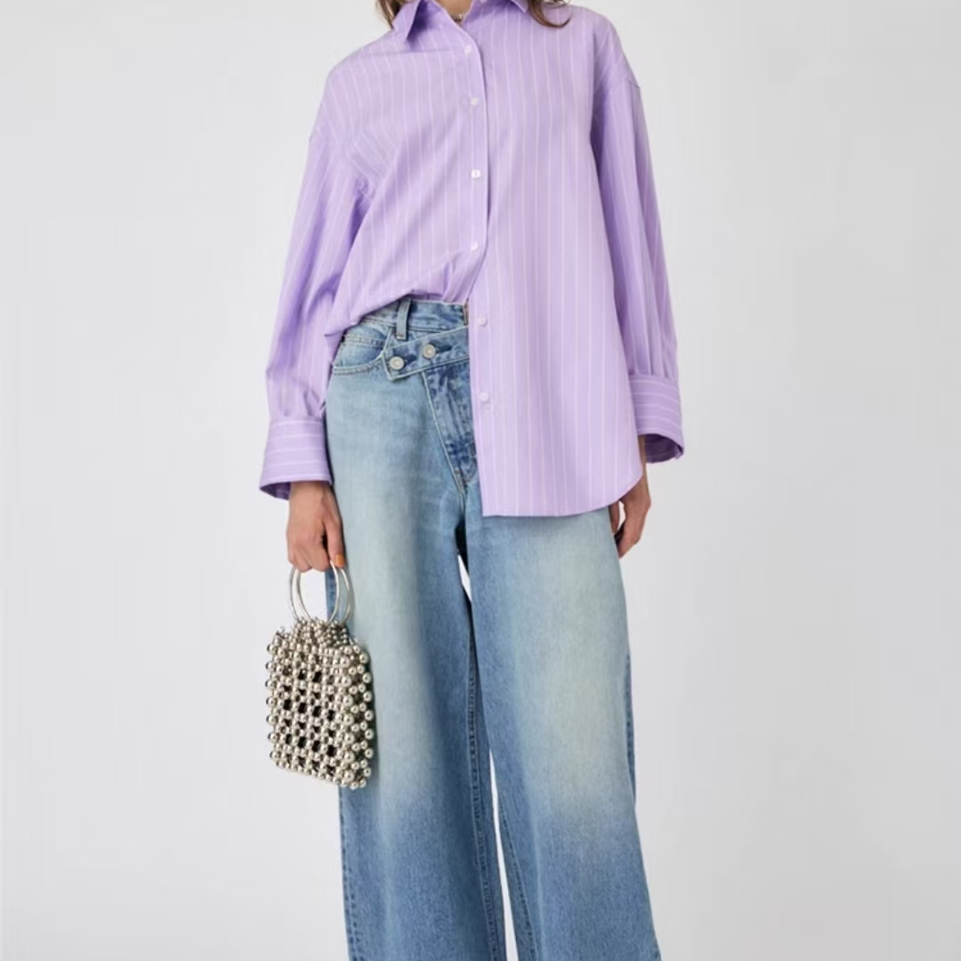 程潇同款MO不规则设计感斜扣遮肚阔腿牛仔裤010HA211-6001