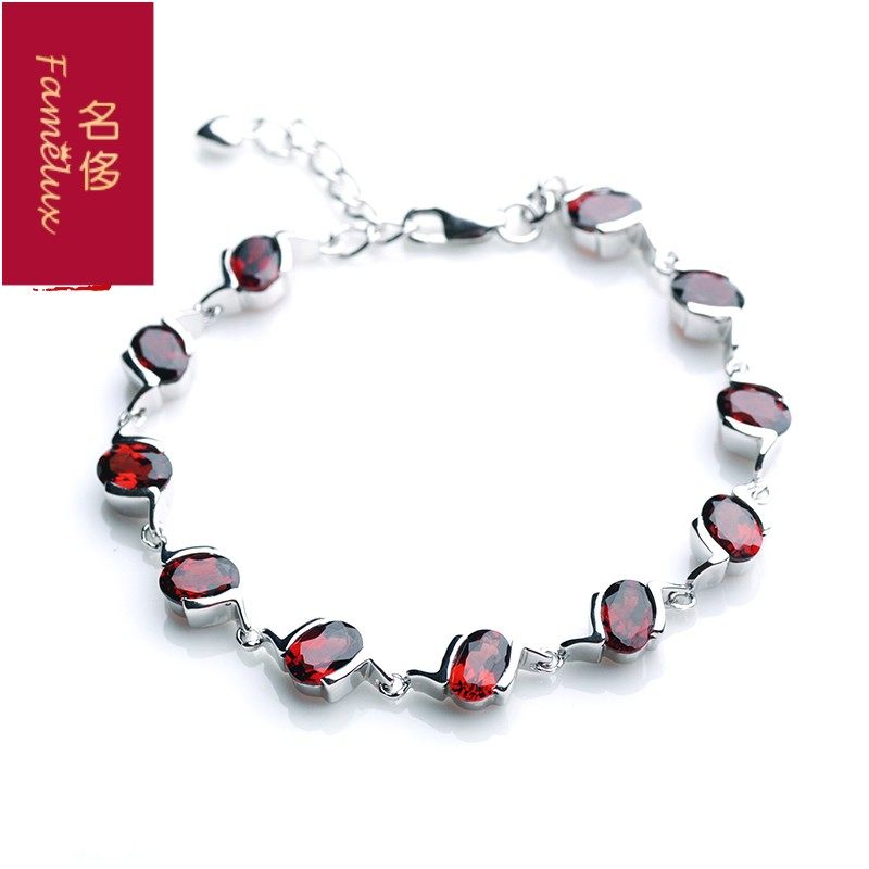 天然红石榴石手链女 925银镶彩色宝石手饰生日情人节礼物WL0608