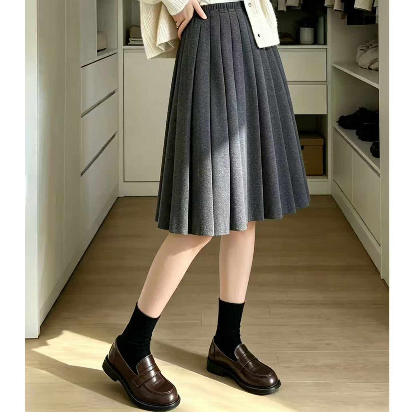 学院风高腰百褶半身裙女A字中长款减龄洋气裙子