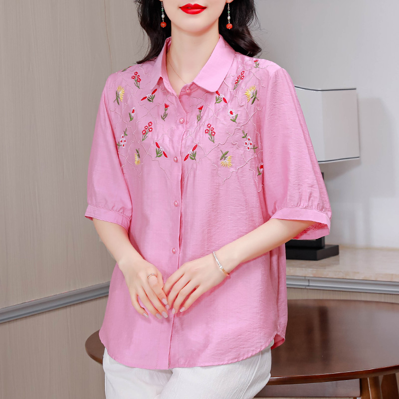 短袖刺绣衬衫女装夏季新款宽松休闲减龄小衫洋气妈妈遮肚上0714u