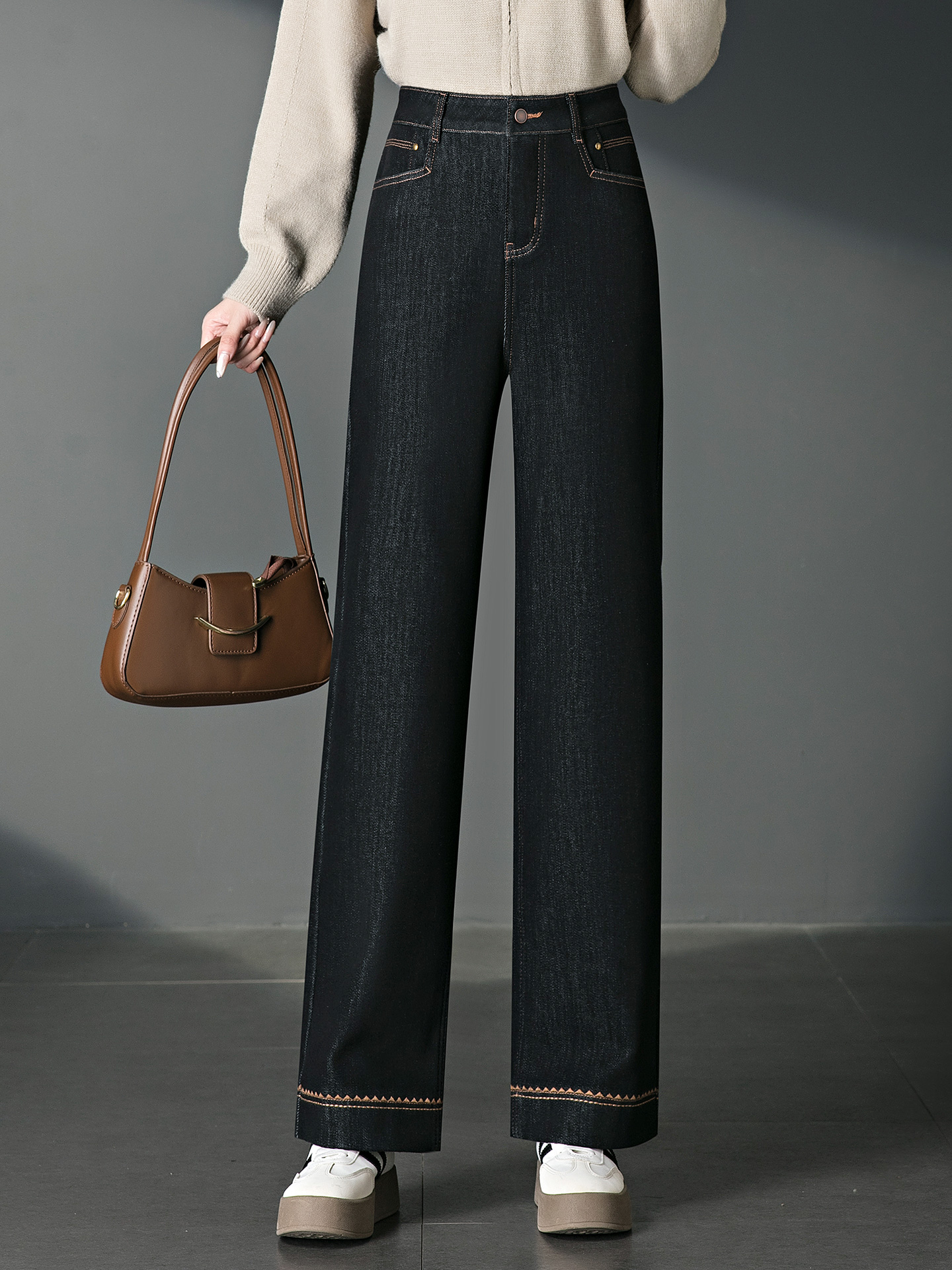 ROUMIKL时尚高端加绒牛仔裤女士秋冬加厚保暖直筒休闲裤高腰显瘦