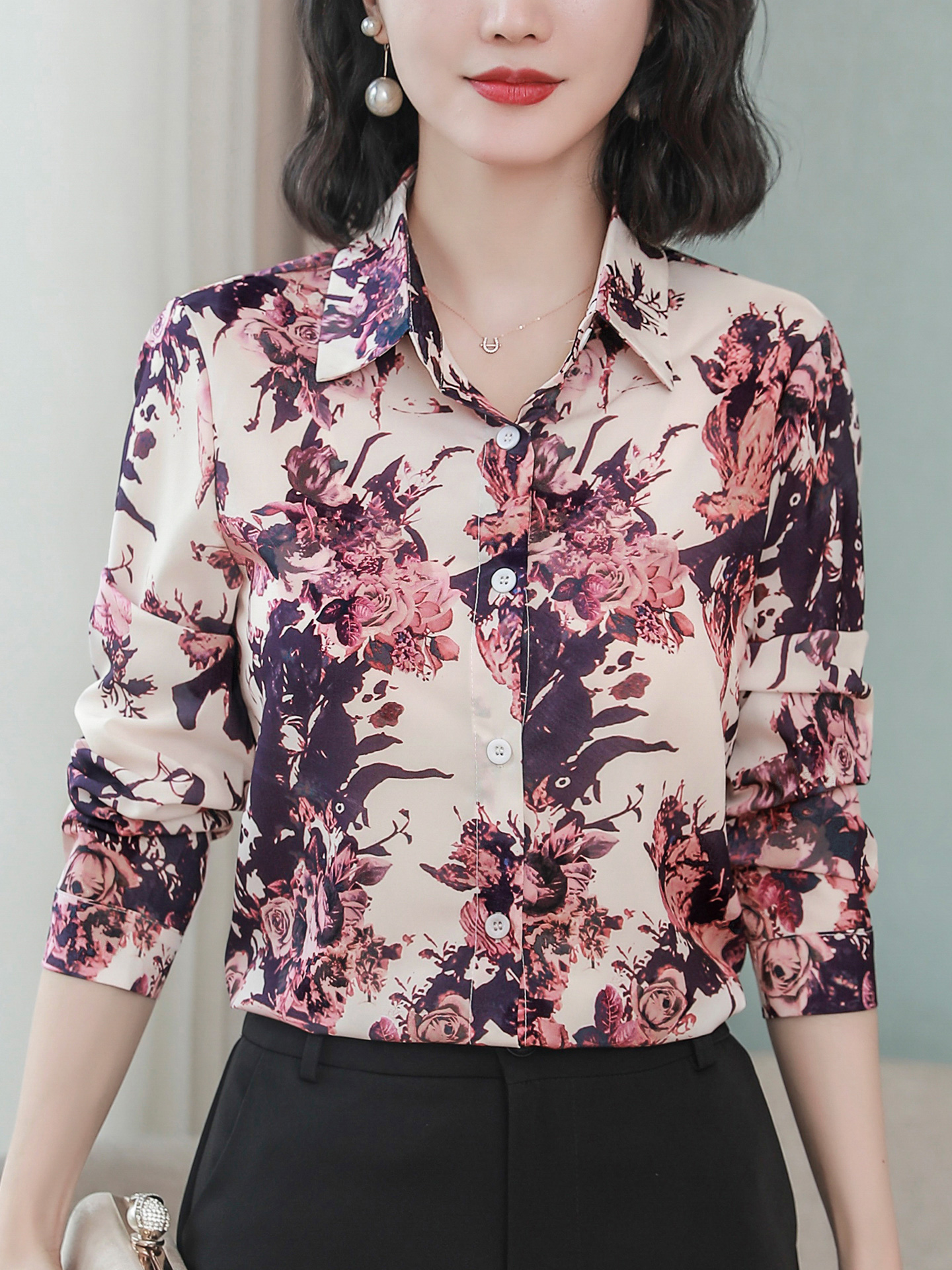 ROUMIKL中年妈妈高端洋气印花长袖衬衫女士秋装百搭气质衬衣宽松