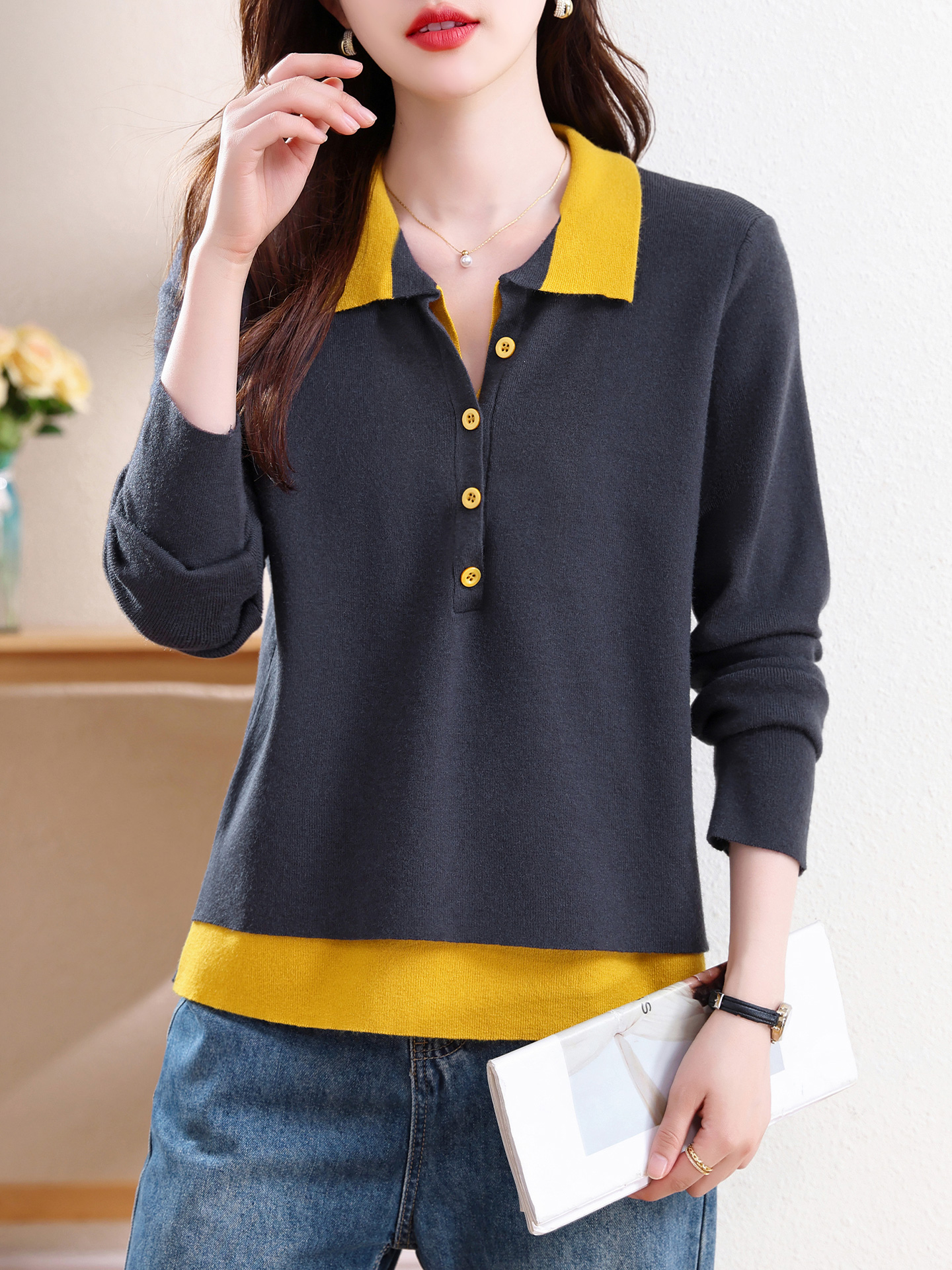 ROUMIKL时尚撞色翻领假两件针织衫女秋冬高级感套头毛衣百搭休闲