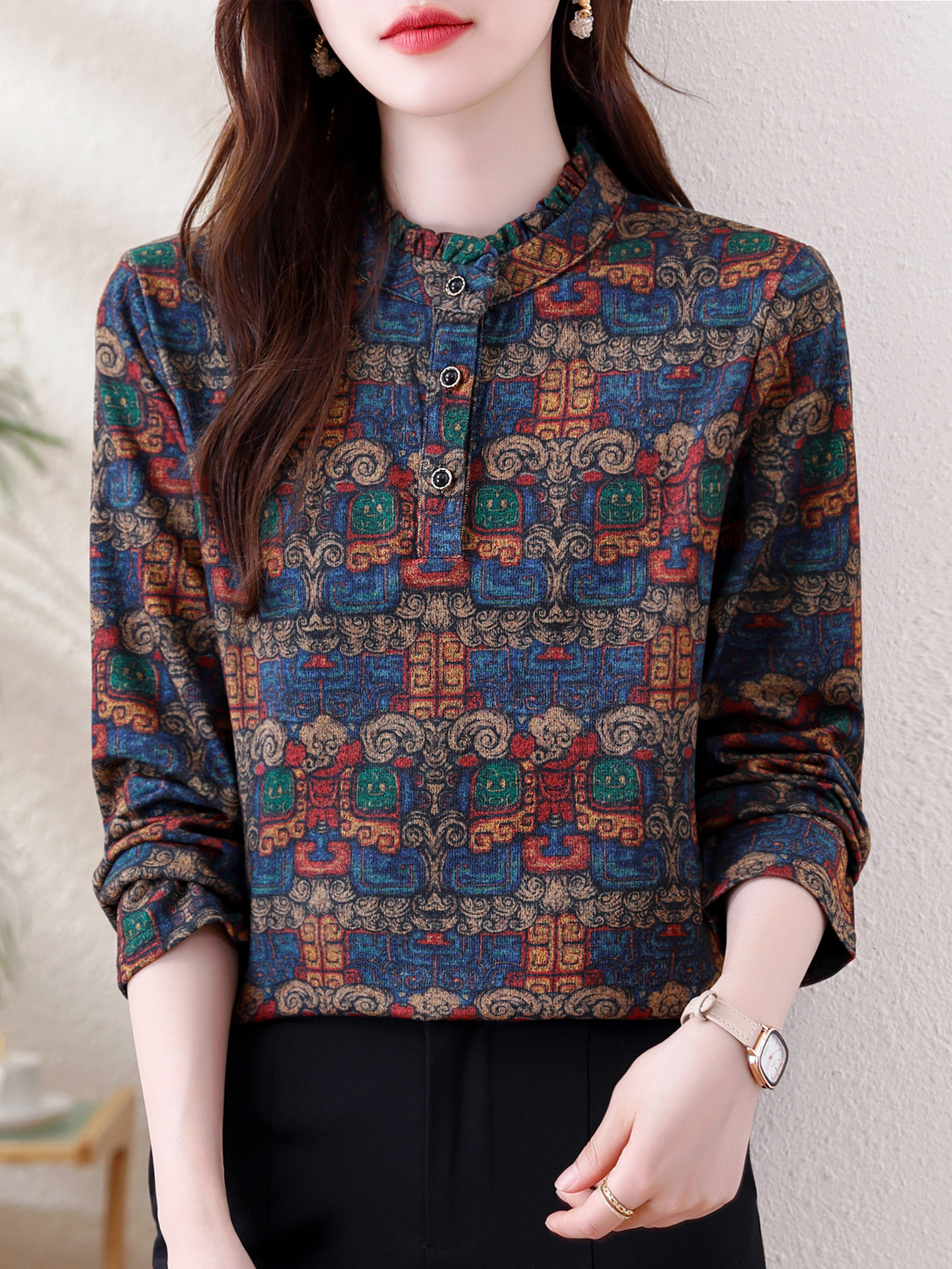 ROUMIKL中年妈妈洋气碎花长袖T恤女秋冬加厚磨毛澳绒打底衫气质立