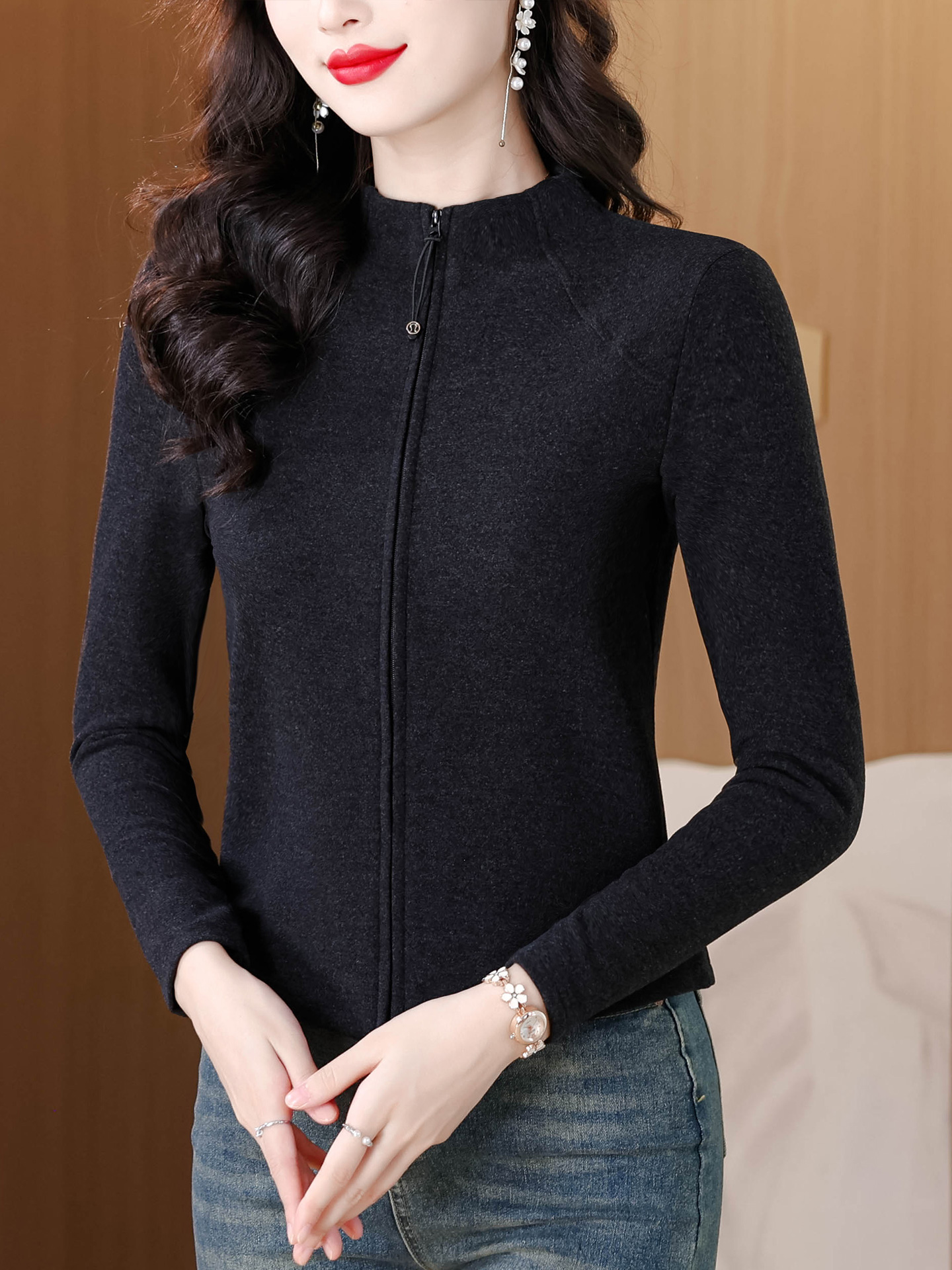 ROUMIKL欧货时尚半高领长袖T恤女士秋冬磨毛内搭打底衫修身保暖上