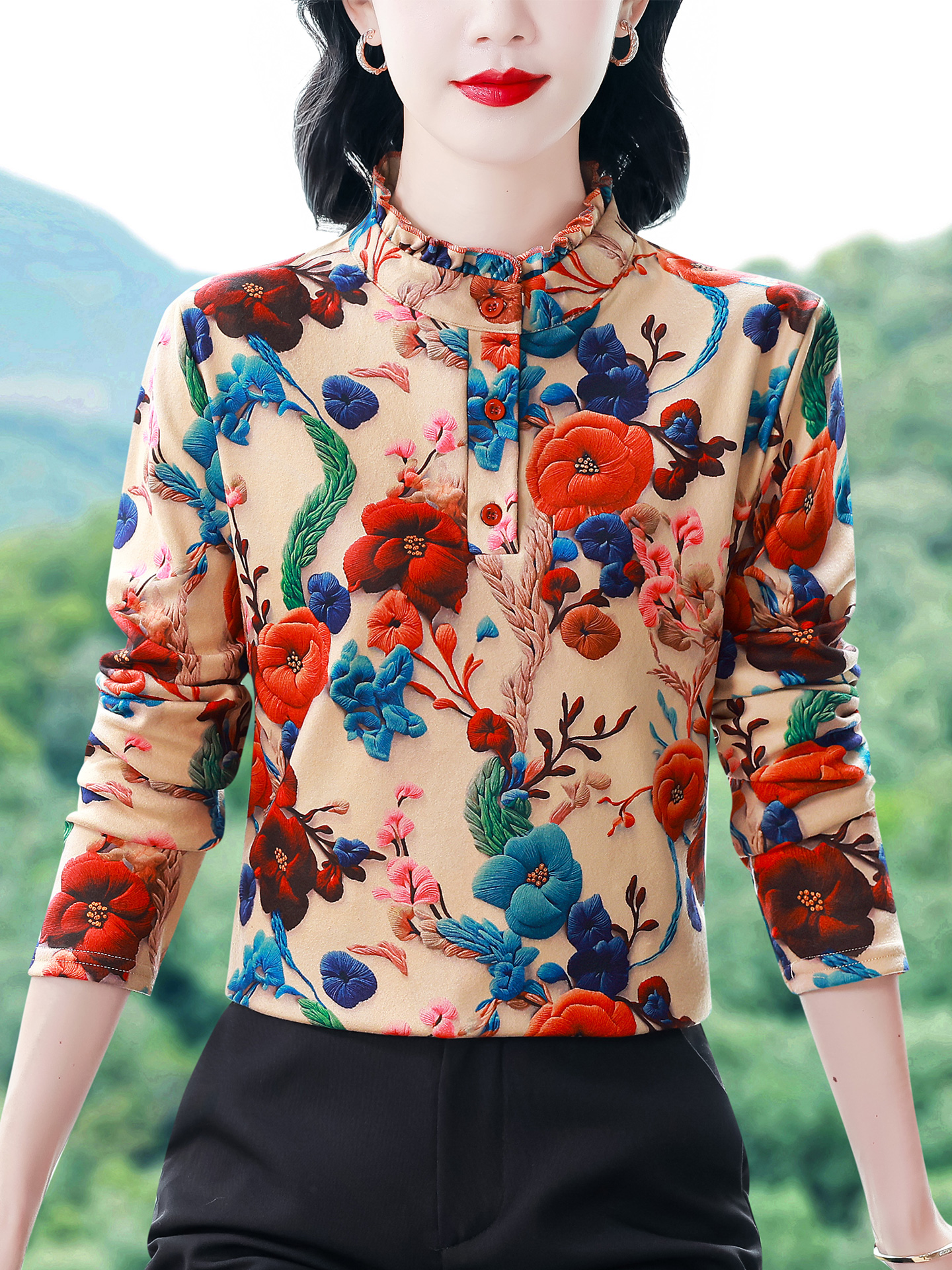 ROUMIKL磨毛加厚双面绒打底衫女士秋冬保暖内搭立领小衫洋气妈妈