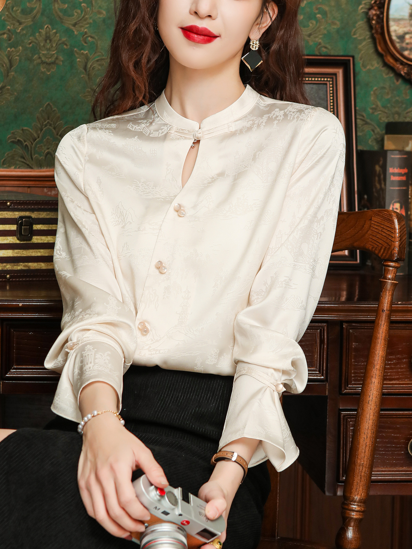 ROUMIKL新中式国风提花衬衫女士秋装气质改良汉服小衫洋气马面裙