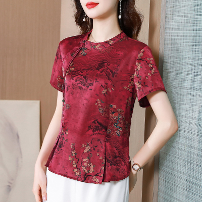 时尚中式国风衬衫女短袖夏装高端小衫中年妈妈收腰印花上衣0502e