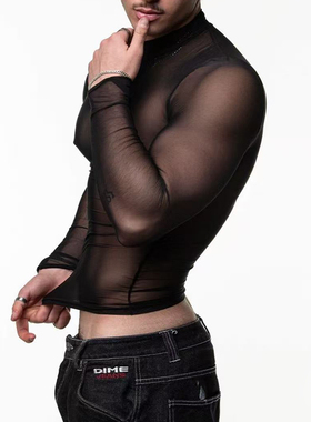 夜店男士轻薄单层透气网布长袖T恤半透明性感男性丝滑全透内衣