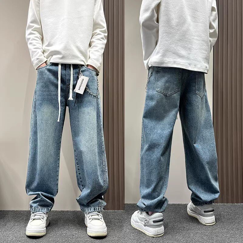 美式潮牌vibe复古蓝水洗牛仔裤男款春秋季宽松阔腿弯刀休闲直筒裤