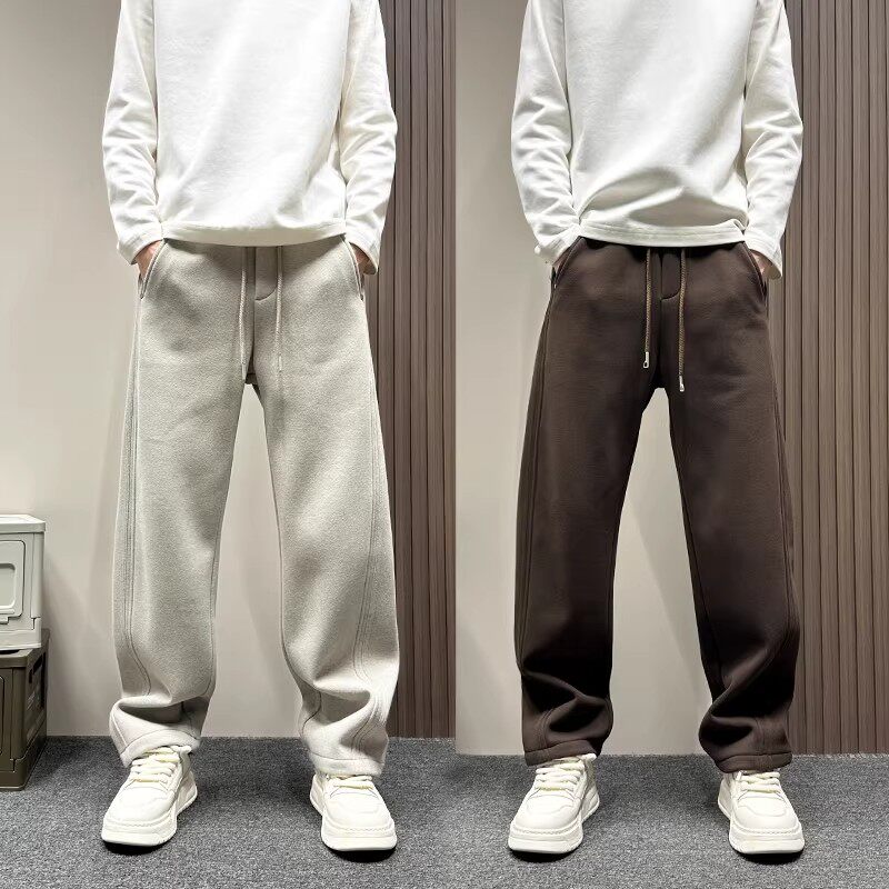 高级感直筒加绒卫裤男款秋冬季宽松直筒休闲裤美式潮牌纯色运动裤