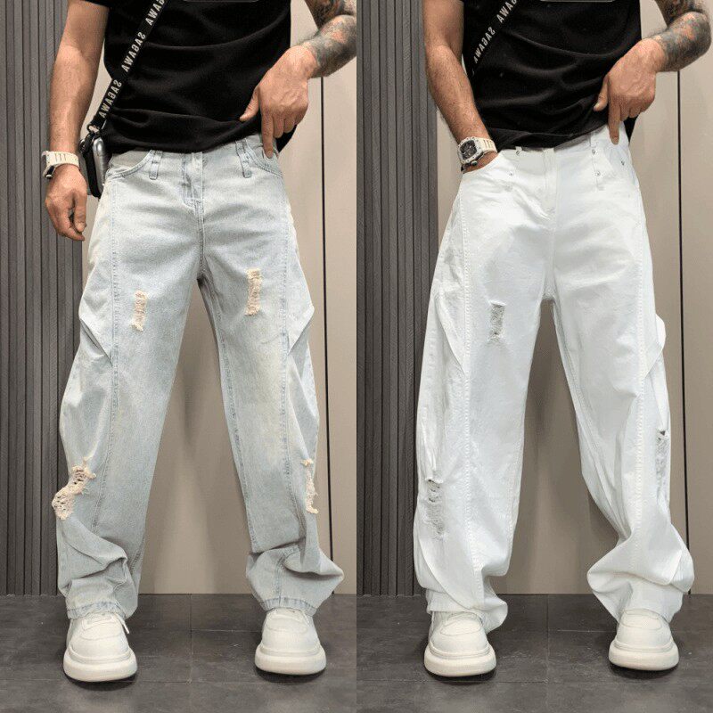 美式潮牌街头感水洗白色破洞牛仔裤男款夏季解构宽松直筒弯刀裤子