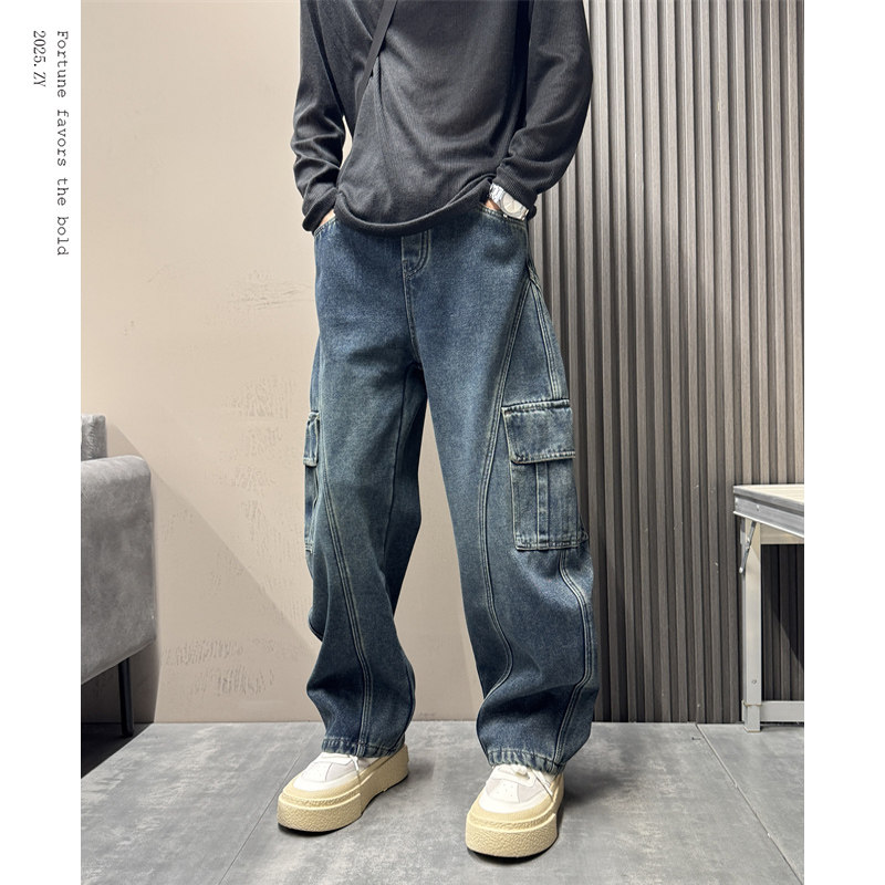 2025美式潮流秋冬长裤男痞帅设计感工装阔腿加绒加厚弯刀牛仔裤